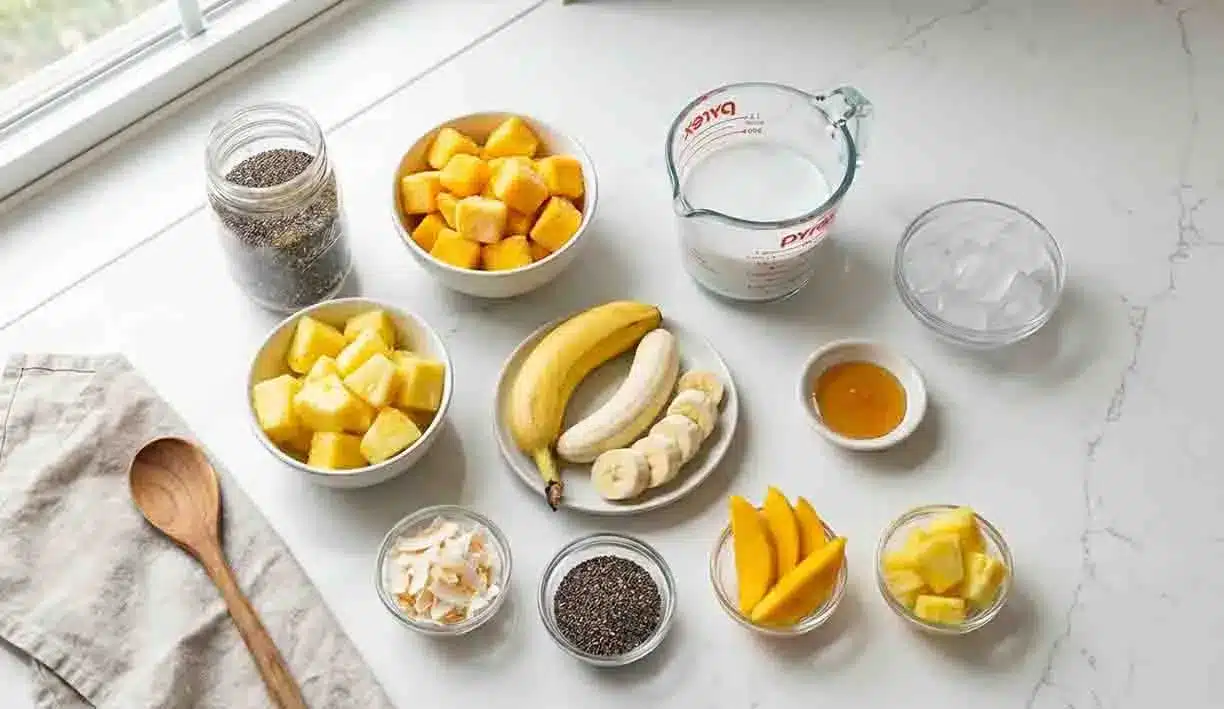 Tropical Chia Smoothie 2 Tropical chia smoothie ingredients including mango, pineapple, banana, chia seeds, coconut milk, and honey arranged on a kitchen counter