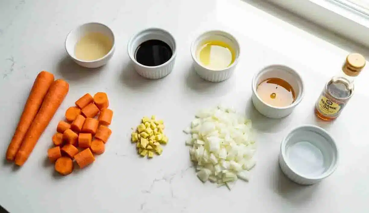 Carrot Ginger Dressing 2 Carrot ginger dressing ingredients including carrots, ginger, onion, soy sauce, vinegar, and oil on a white surface