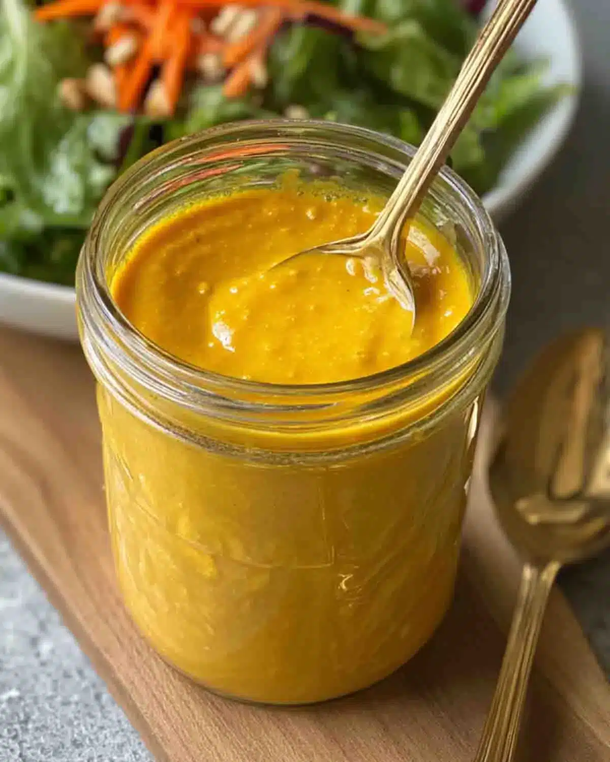 Carrot Ginger Dressing 4 Carrot ginger dressing in a glass jar with a spoon, served with a fresh salad in the background