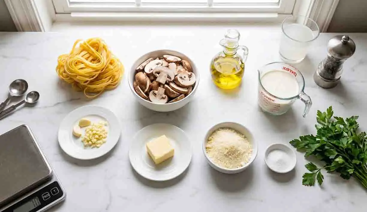Creamy Garlic Mushroom Pasta 2 Ingredients for creamy garlic mushroom pasta including fettuccine, sliced mushrooms, garlic, butter, olive oil, cream, Parmesan cheese, parsley, salt, and pepper arranged on a kitchen counter