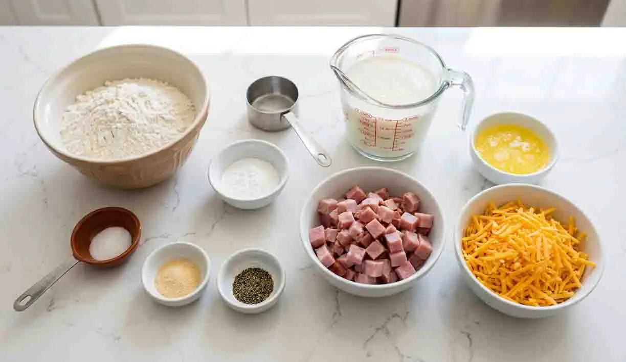 Ham and Cheese Butter Swim Biscuits Recipe 2 Ingredients for ham and cheese butter swim biscuits including flour, buttermilk, diced ham, shredded cheddar cheese, butter, and seasonings on a kitchen counter