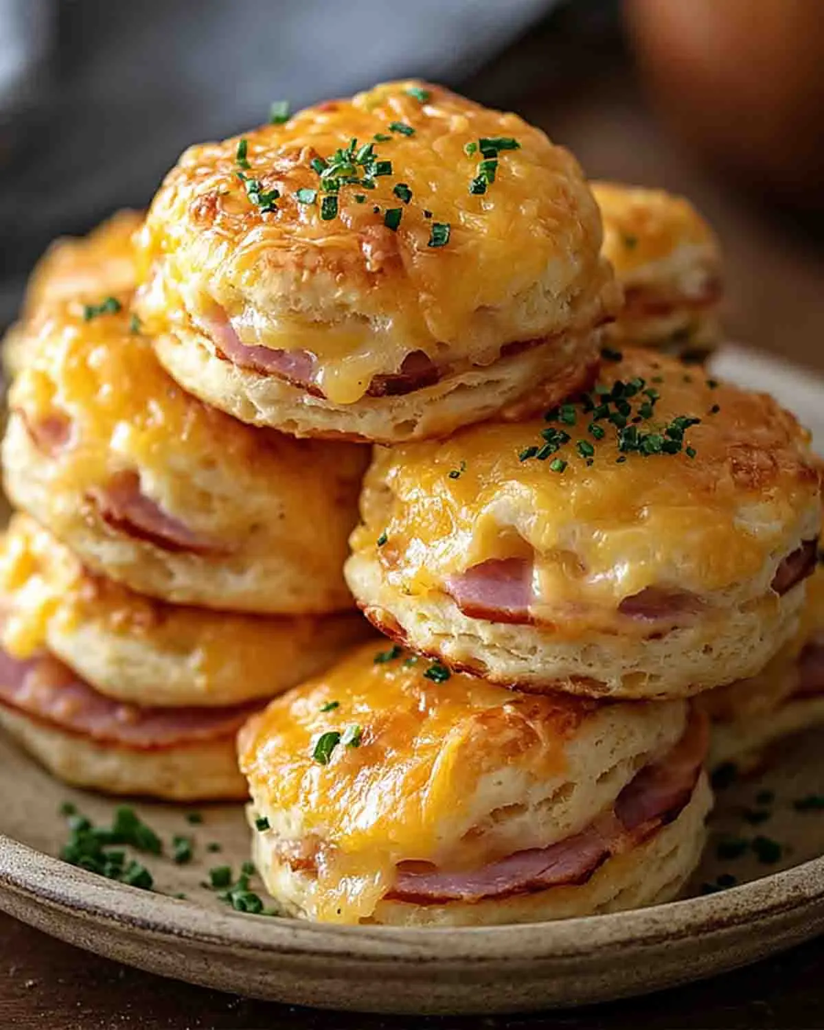 Stack of golden ham and cheese butter swim biscuits with melted cheddar and flaky layers, topped with fresh herbs on a rustic plate