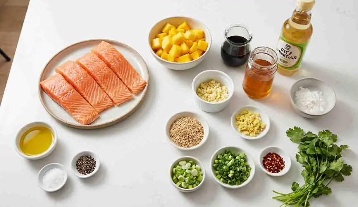 Mango Teriyaki Salmon Recipe 2 Mango teriyaki salmon ingredients including fresh salmon, mango, soy sauce, garlic, ginger, rice vinegar, and sesame seeds