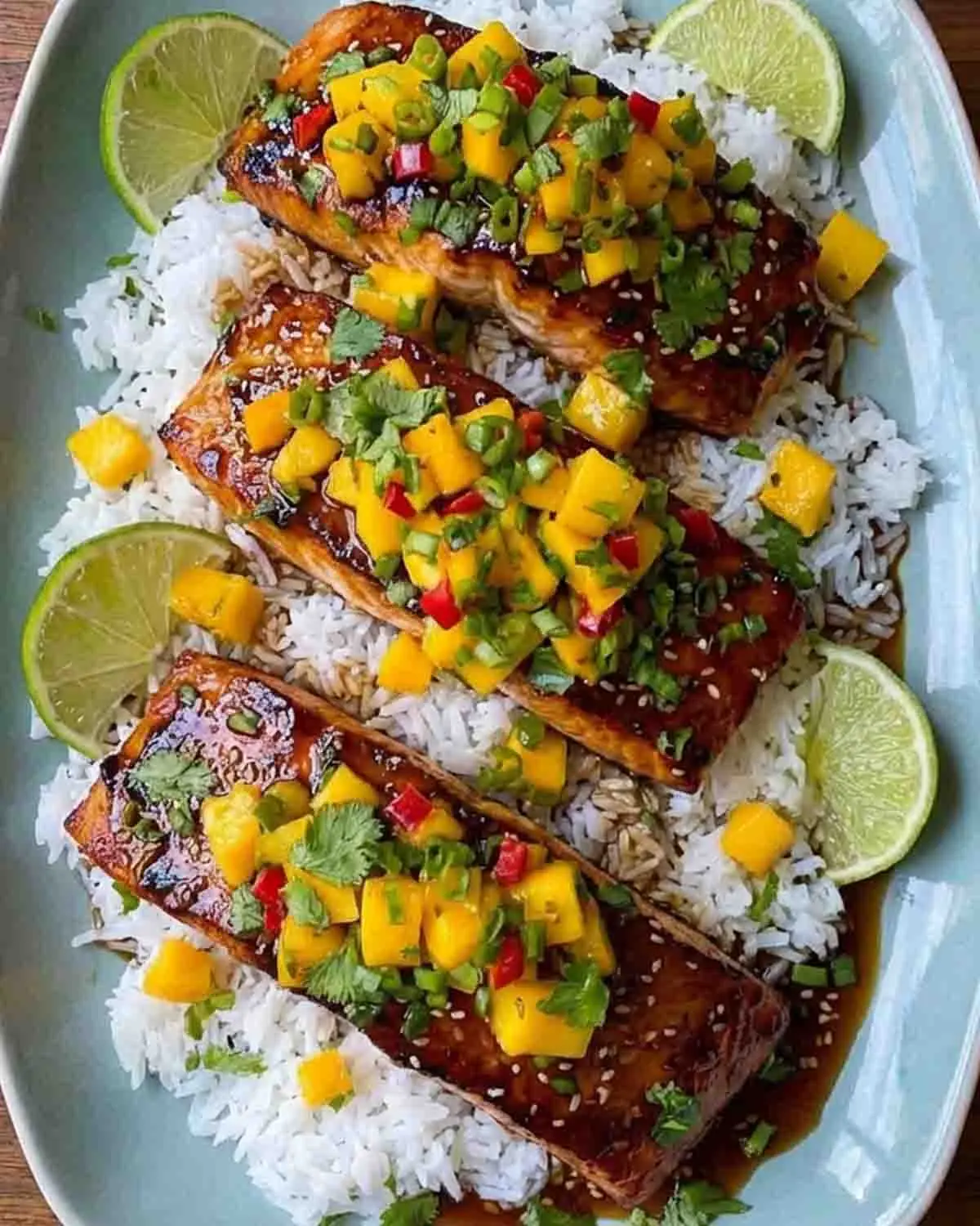Mango Teriyaki Salmon Recipe 3 Mango teriyaki salmon served over rice with fresh mango salsa, lime wedges, sesame seeds, and herbs