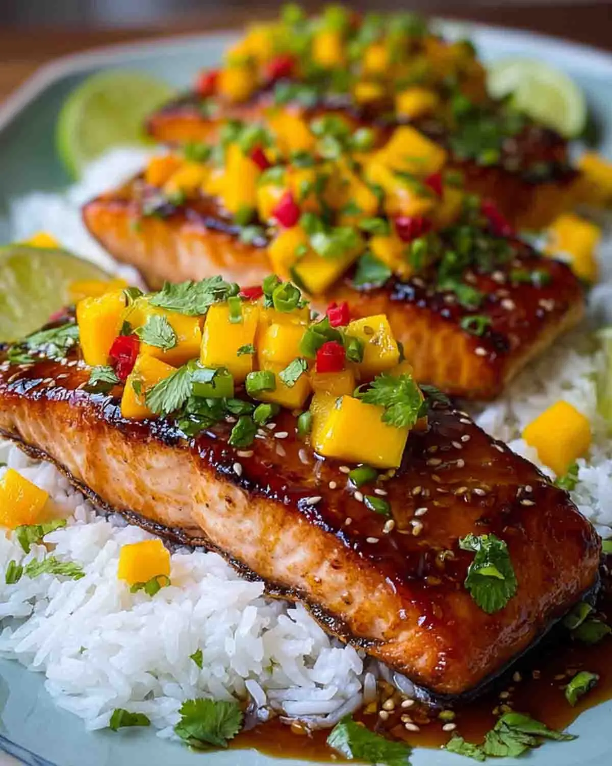 Mango Teriyaki Salmon served over white rice with fresh mango salsa, sesame seeds, and herbs