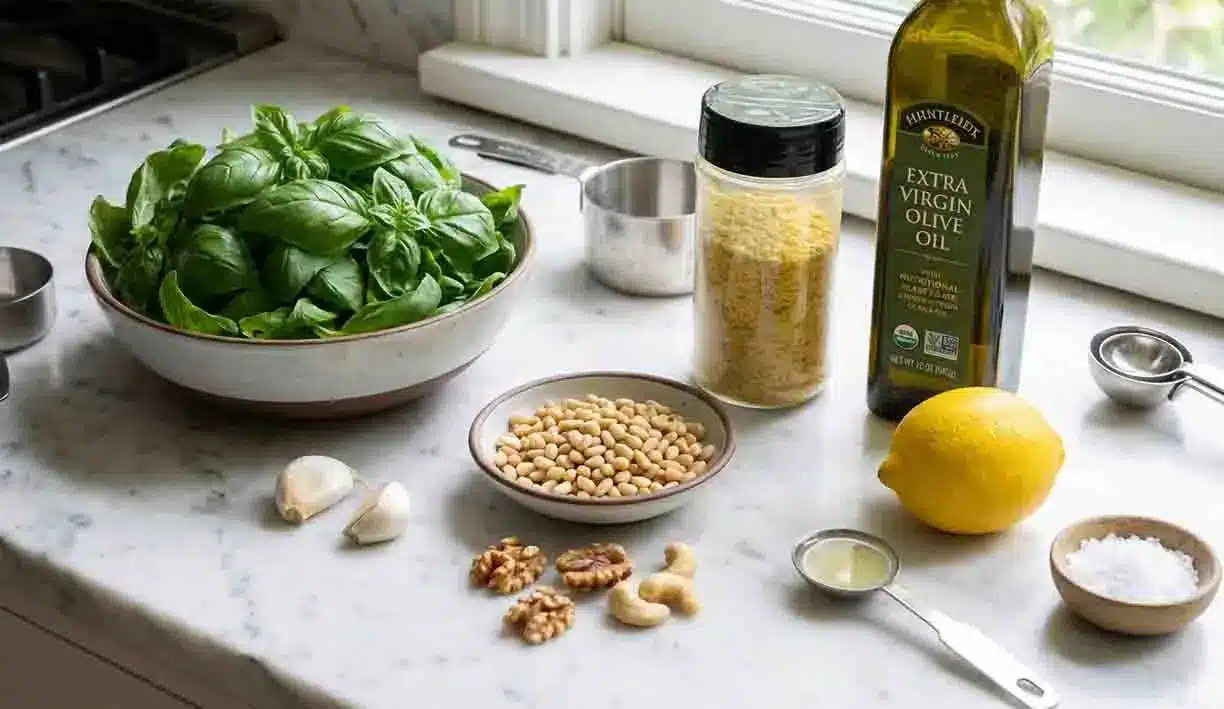 The Best Vegan Pesto 2 Ingredients for vegan pesto including fresh basil, olive oil, pine nuts, garlic, lemon, and nutritional yeast on a kitchen counter