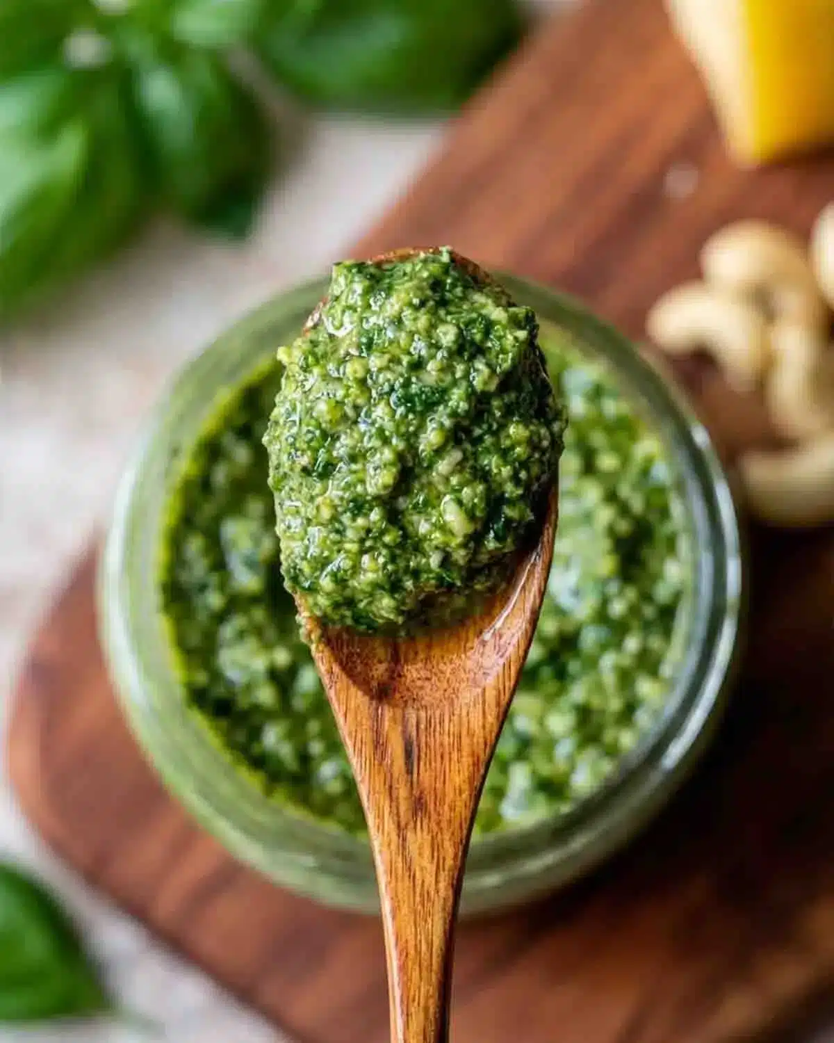The Best Vegan Pesto 3 Close-up of vegan pesto on a wooden spoon with fresh basil sauce in a jar