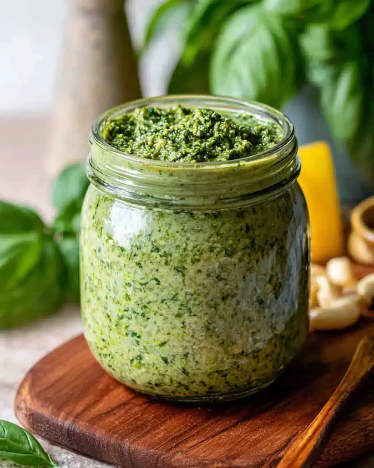 The Best Vegan Pesto 4 Vegan pesto in a glass jar with fresh basil, garlic, and lemon on a wooden board
