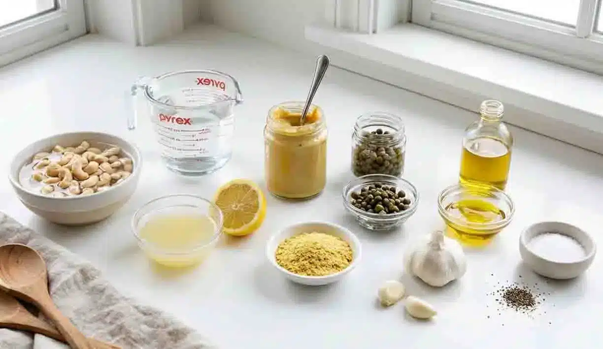 Vegan Caesar Dressing 2 Ingredients for vegan Caesar dressing including cashews, lemon juice, garlic, capers, mustard, olive oil, and nutritional yeast on a white surface