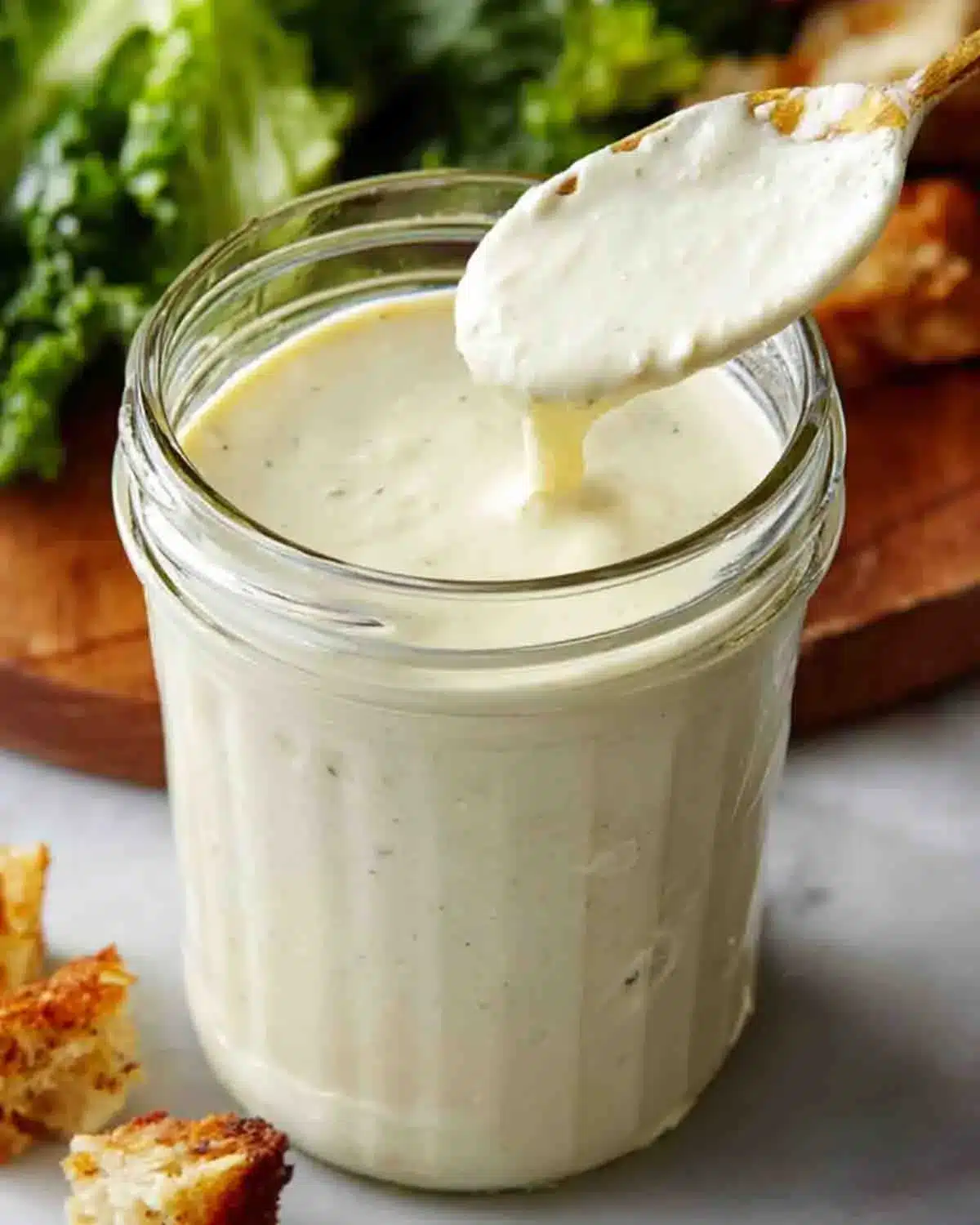 Vegan Caesar Dressing 4 Vegan Caesar dressing in a glass jar with creamy texture being scooped with a spoon, served with lettuce and croutons
