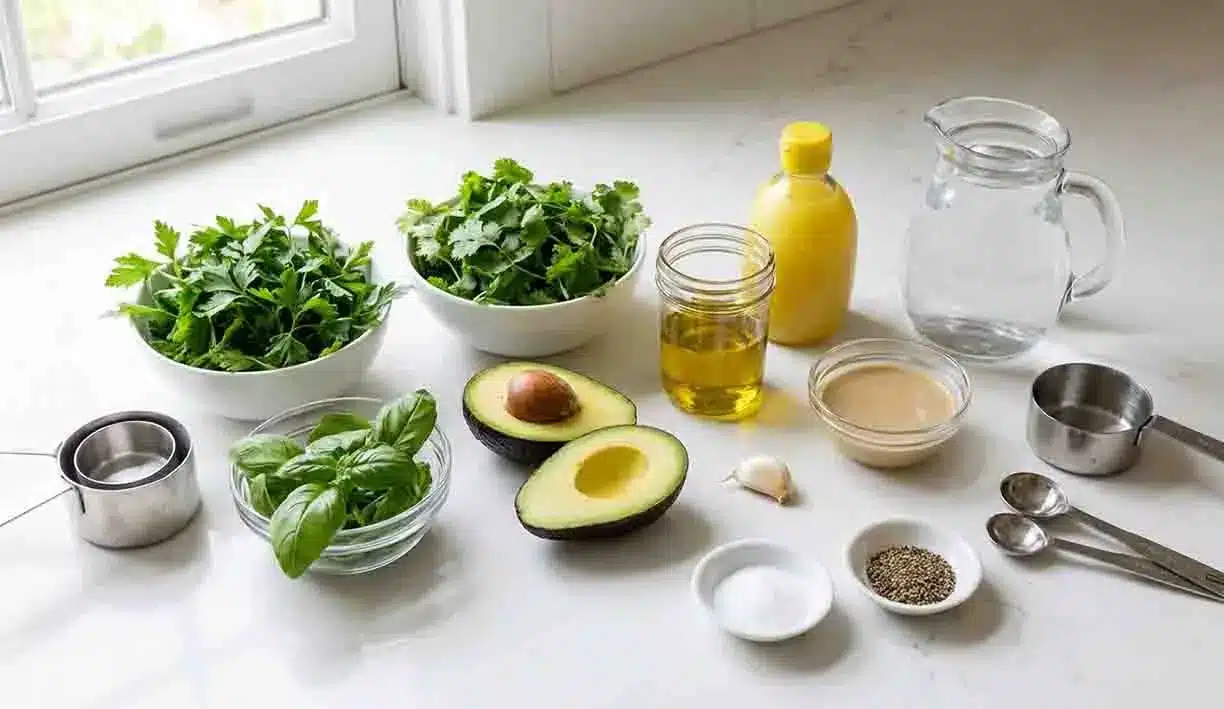 Vegan Green Goddess Dressing 2 Ingredients for vegan green goddess dressing including fresh herbs, avocado, lemon, olive oil, garlic, and tahini on a kitchen counter