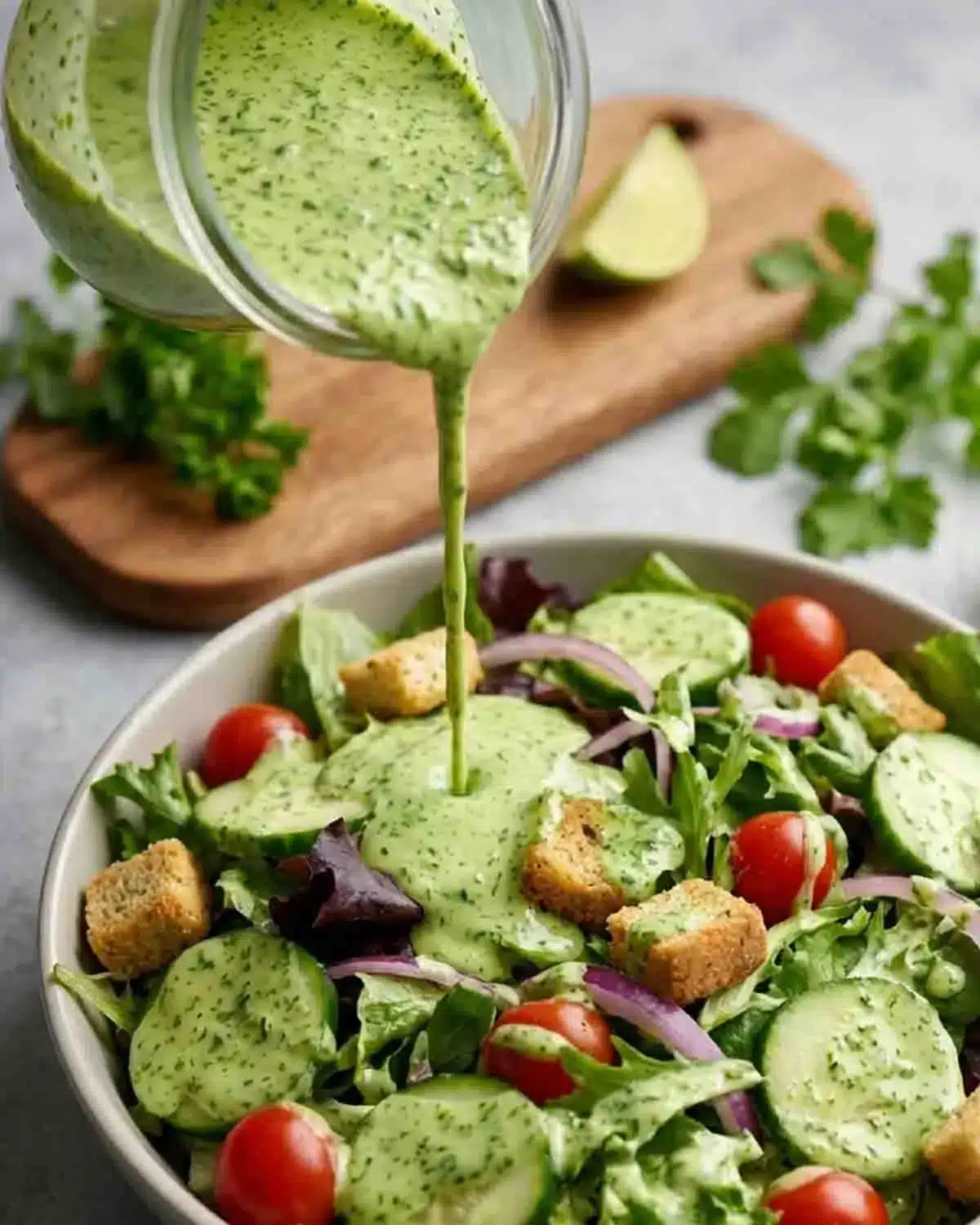 Vegan Green Goddess Dressing 3 Vegan green goddess dressing being poured over a fresh salad with cucumbers, cherry tomatoes, and croutons
