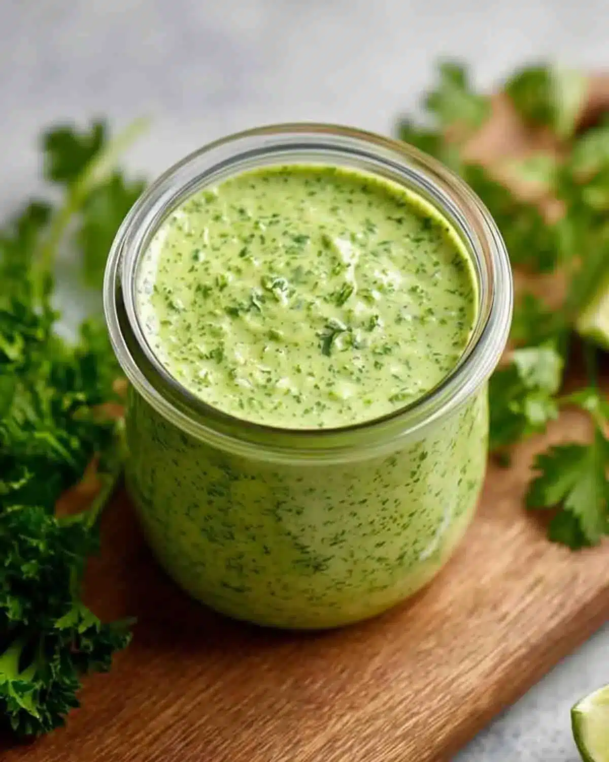 Vegan green goddess dressing in a glass jar, creamy herb dressing made with fresh parsley, cilantro, and lime